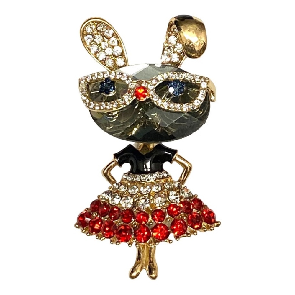 Fancy Bunny Rabbit Lady Red Rhinestone Dress Brooch Pin - Picture 1 of 3